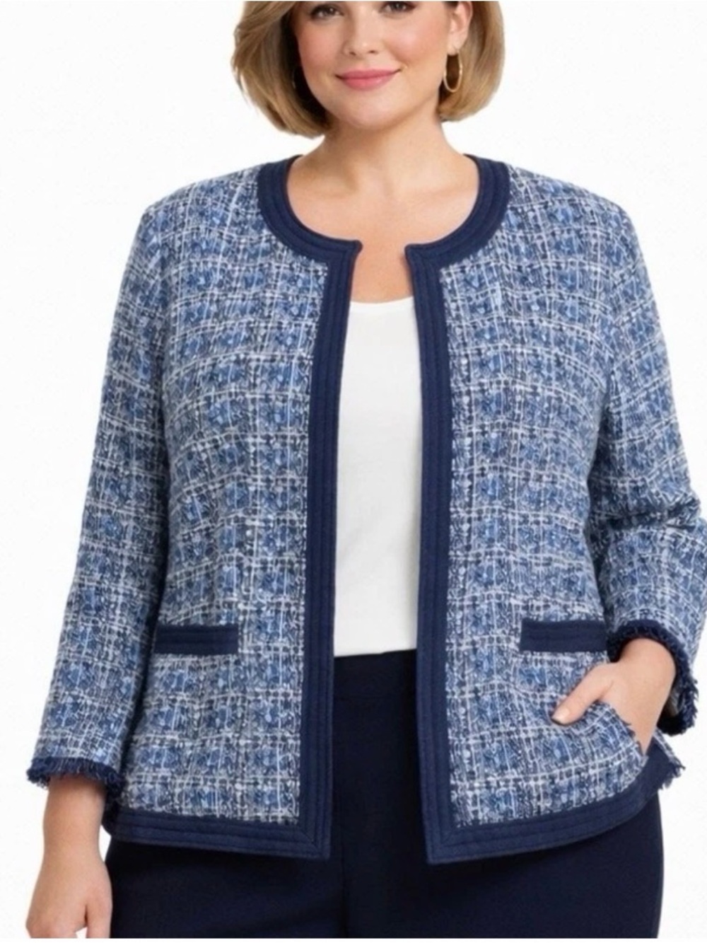 Talbots Tweed Jacket Blue Fringe Trim Open Front Career Blazer Size 16